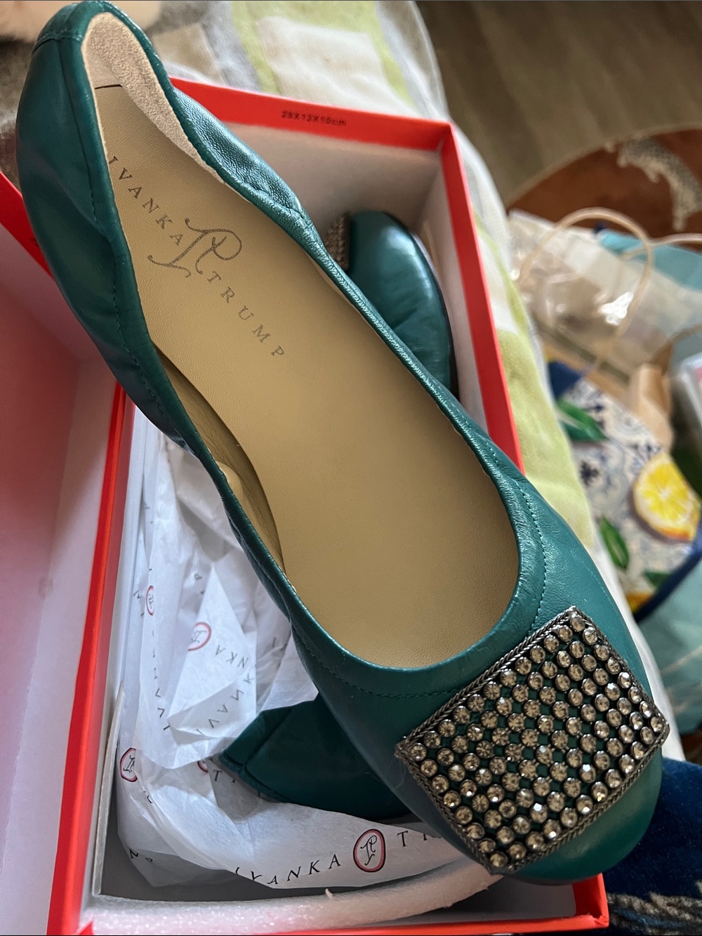 Ivanka Trump Teal Leather Ballet Flats with Rhinestone Buckle